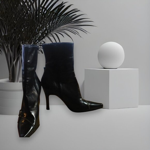 Nine West Black Leather Pointed Toe Ankle Boots Awesome Zipper Accents| SZ US 9M - Picture 5 of 5